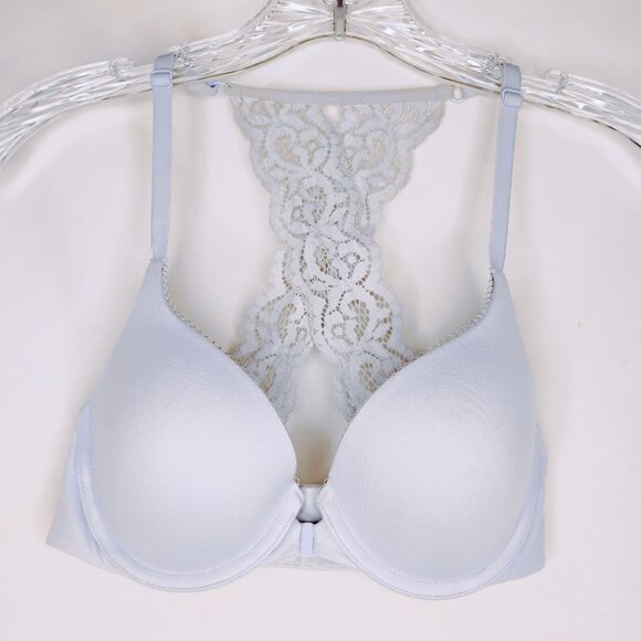 Victoria's Secret Bra Push Up Padded Comfy Front Close Lace Racer Gray Blue 32C - Picture 4 of 16